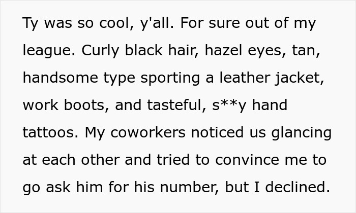 Alt text: Woman shares a crazy story about her mom involving a cool, tattooed man and a dramatic encounter at work.