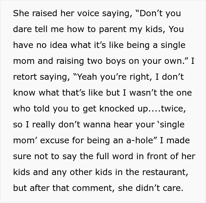 Text excerpt showing an entitled single mom arguing loudly about parenting and using her single mom status as excuse.