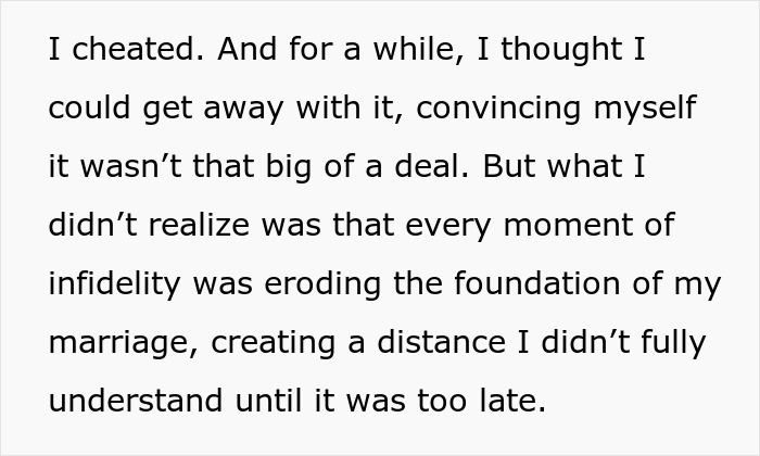 Text excerpt about cheating and the harsh consequences of infidelity, showing a cheater's regret and lesson learned.