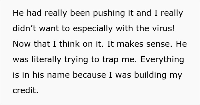 Text excerpt describing a woman's disturbing discovery about her husband's attempt to trap her and control finances.