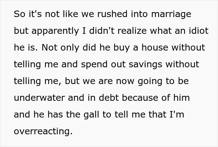 A screenshot of text on a white background describes a husband buying a house and mismanaging finances, causing debt.