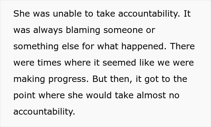 Text describing a wife unable to take accountability, always blaming others. A man tries to ignore his gut feeling.
