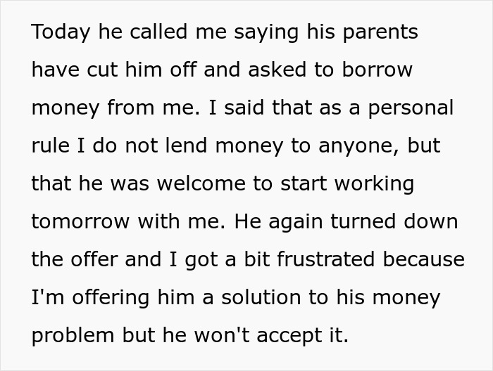 Text excerpt discussing a man thinking his best friend's job as a server is low but not low enough to ask for money. Text excerpt discussing a man thinking his best friend's job as a server is low but not low enough to ask for money.