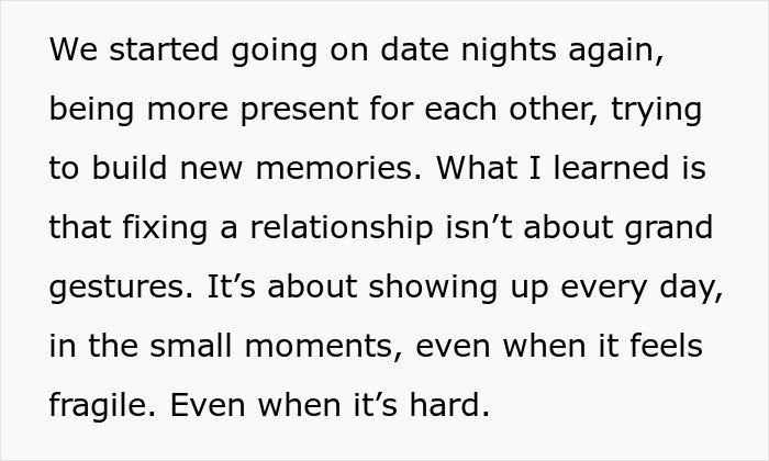 Text excerpt about rebuilding a relationship by being present and showing up daily, highlighting a harsh lesson from chasing a fantasy.