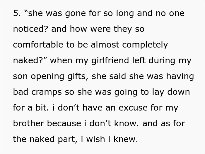 Text screenshot from a story: "Guy walks in on GF and his bro during son's party," wondering if he went from "Dad" to "Uncle". Text screenshot from a story: "Guy walks in on GF and his bro during son's party," wondering if he went from "Dad" to "Uncle".