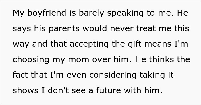 Text: Woman stands firm on accepting property. Boyfriend takes it as a personal attack, barely speaking to her.