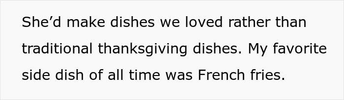 Text excerpt discussing a wife making preferred dishes and a favorite side dish of French fries related to mustard outburst.