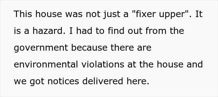 Text reads: This house was not just a fixer upper. It is a hazard... environmental violations. Husband house hoarder finances.