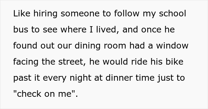 Text excerpt describing a creepy confession of hiring someone to follow and watch from a window, causing relationship doubts.