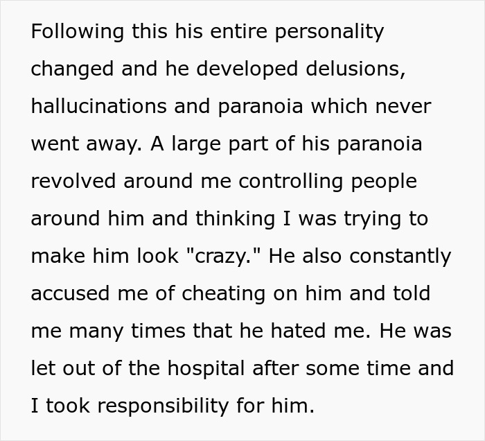 Text describing delusions, paranoia, hallucinations, and accusations revealing the scary truth about unstable ex and SIL feeding info.