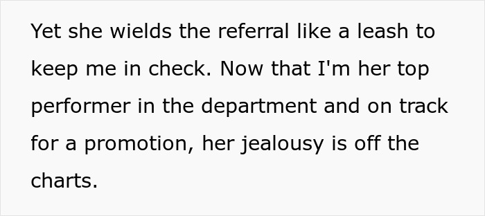 Text on a light background discussing a toxic bestie's jealousy as the narrator excels, using a referral like a leash.