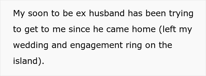 Text detailing a husband's attempt to contact his wife after leaving her wedding ring, revealing an affair.