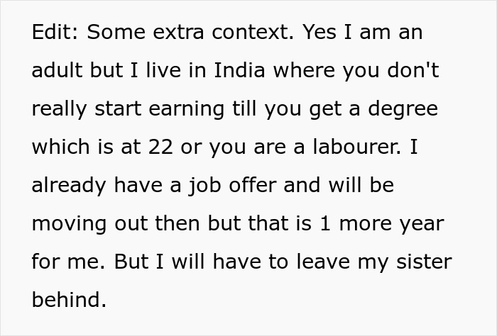 A text screenshot explaining an adult living in India, unable to earn until 22, getting a job, but leaving her sister behind. Gross Dad Wetting Toilet.