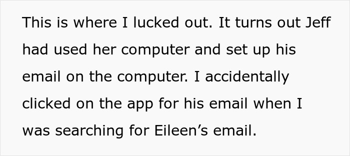 Text describing the narrator's luck discovering Jeff's email, crucial for Wife's Friend takes revenge.