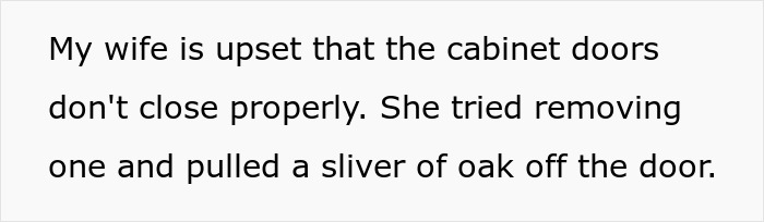 Alt text: Man frustrated with cabinets slamming installs rubber to stop noise, wife upset about cabinet door damage.