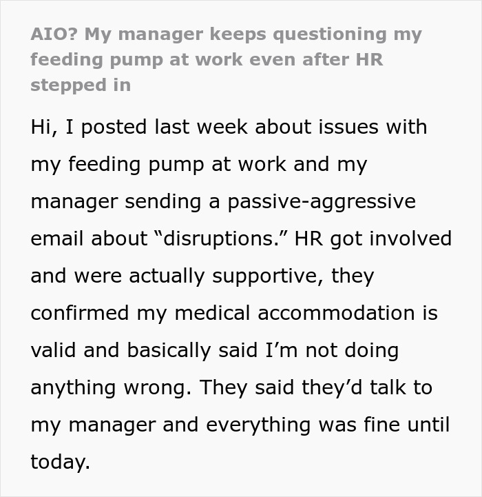 Text from a forum post discussing a manager questioning an employee's feeding tube at work, despite HR support.