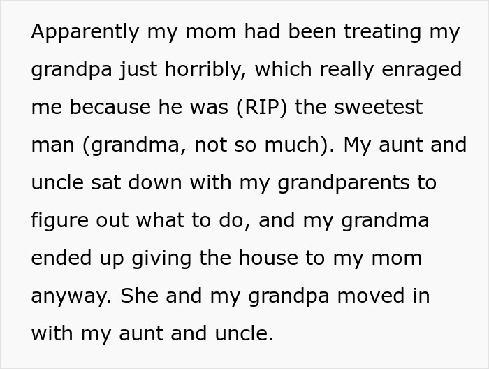 Text excerpt describing a woman sharing a crazy story about her mom involving family drama and a house inheritance.
