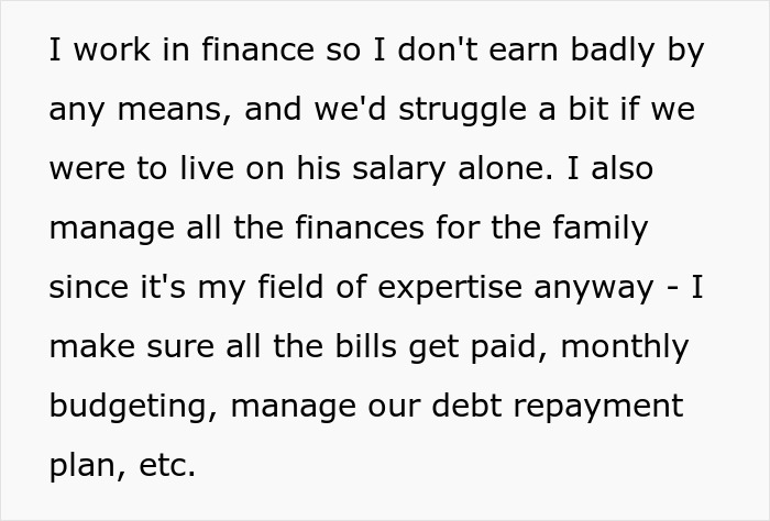 Text discussing a woman in finance managing family finances, including bills and debt. Hints at her decision to quit marriage.