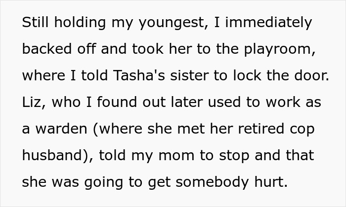 Text describing a woman sharing a crazy story about her mom involving a tense playroom confrontation with a friend’s sister.