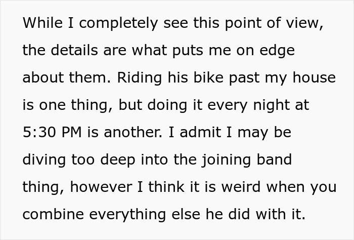 Text excerpt discussing a man’s creepy confession and relationship doubts, highlighting unsettling behavior details.