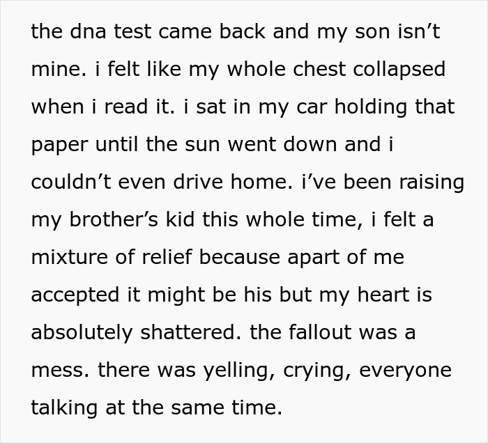 Text on a screen detailing a DNA test result, confirming the son isn't biological. The father feels shattered, transitioning to being an uncle. Text on a screen detailing a DNA test result, confirming the son isn't biological. The father feels shattered, transitioning to being an uncle.