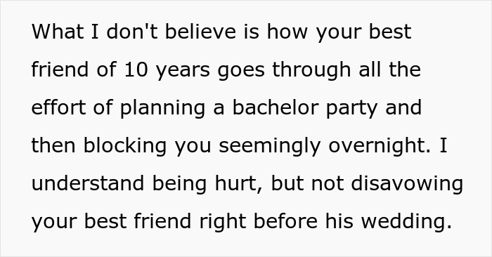 Text about a best friend planning a bachelor party then blocking the groom before the wedding, ex-girlfriend cheats on guy.