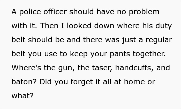 Text discussing a police officer’s missing duty belt gear including gun, taser, handcuffs, and baton.
