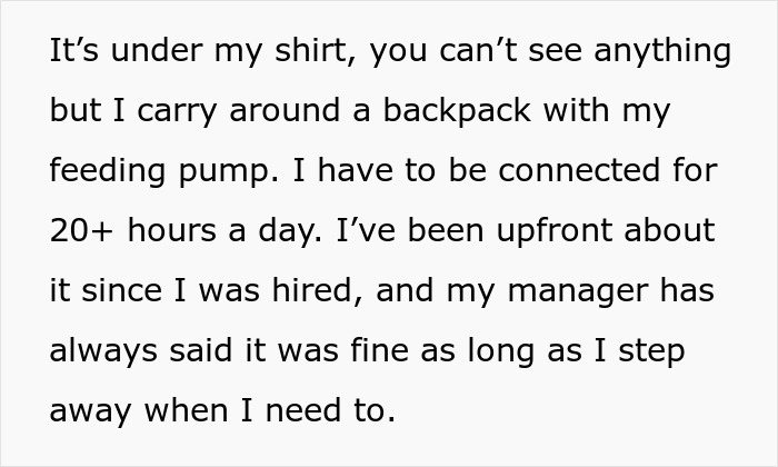 Text from an employee about needing a feeding tube 20 hours a day for work accommodation.