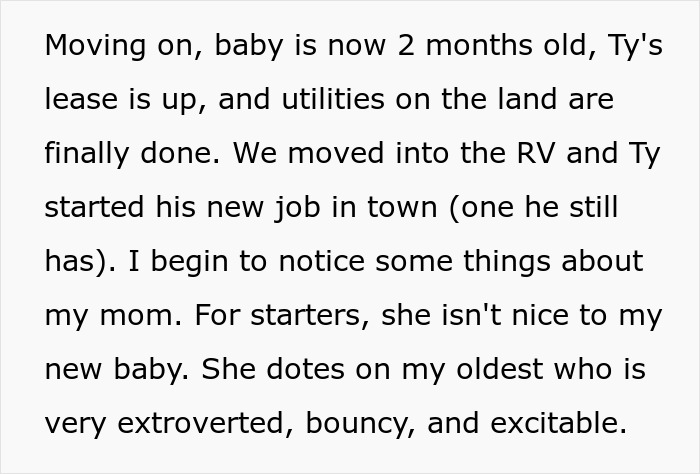Text describing a woman sharing a crazy story about her mom’s surprising behavior toward her new baby.