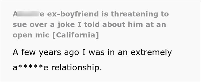 Screenshot of a text post about a lady using comedy to cope with her ex-BF&rsquo;s trauma, who stalks her to make her stop.