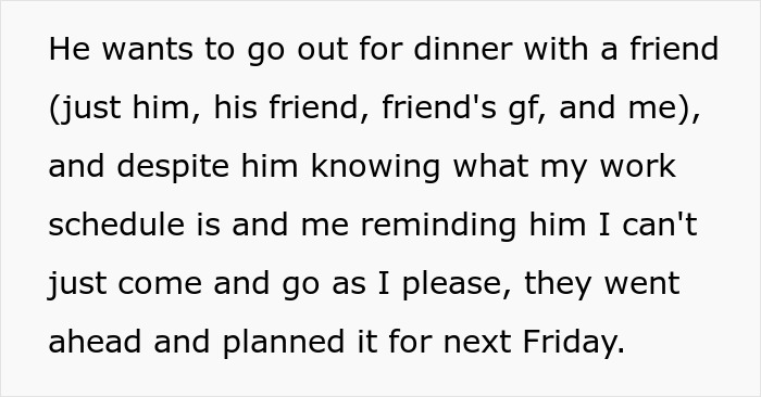Text about a woman whose husband plans dinner despite her schedule, showing disrespect in the marriage.