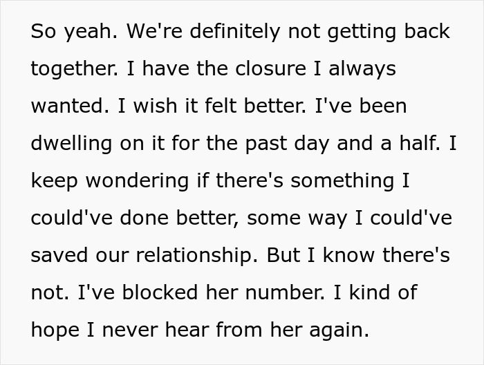 Text excerpt expressing feelings about divorce, closure, and regret in a cancer-related relationship fear situation.
