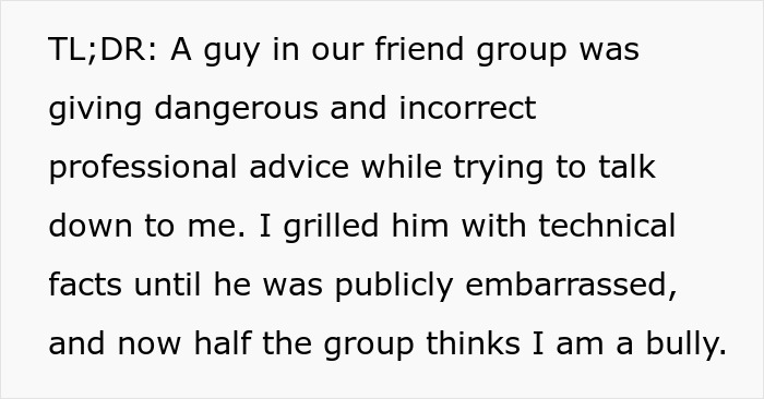 Text post explaining how a man pretending to be an expert was corrected and embarrassed at a dinner party.