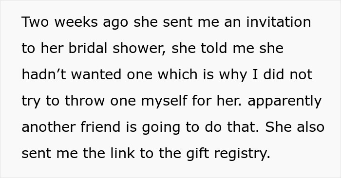 A text recounting a Christian bride inviting a Muslim best friend to her bridal shower and sending a gift registry link.
