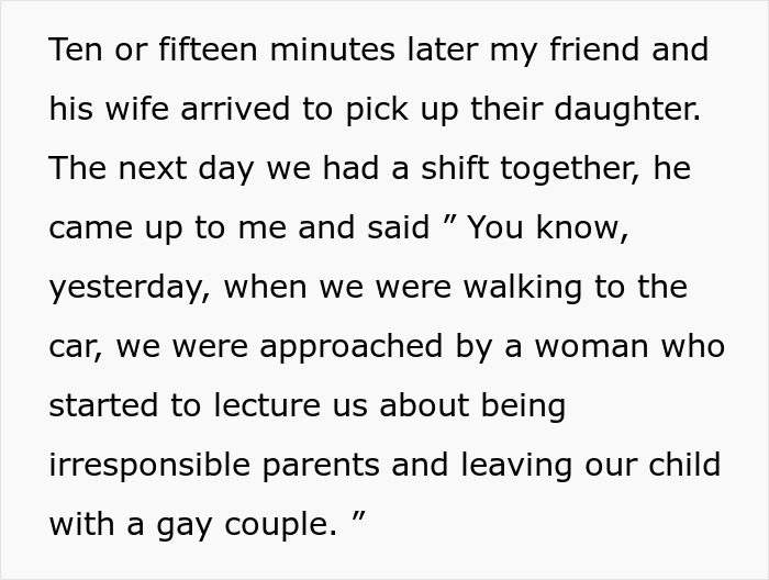 Text excerpt about a homophobic MIL confronting parents over leaving their child with a gay couple.