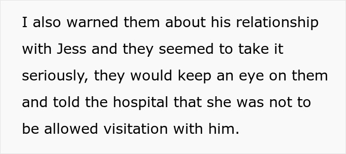 Text excerpt discussing concerns about an unstable ex and preventing hospital visitation to protect a pregnant woman.