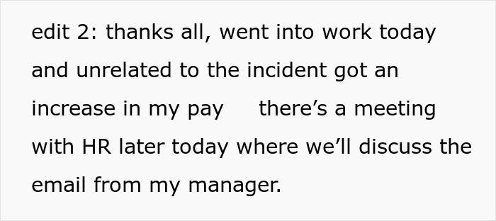 Text update: Woman feeding tube user receives a pay increase and HR meeting about manager's email concerning her feeding tube.