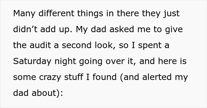 Text excerpt discussing audit discrepancies and issues found after a detailed review following family concerns.