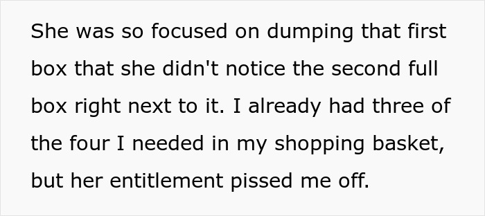 Woman taking bulk items in a store causes conflict with scalper, resulting in store ban and police involvement. Woman taking bulk items in a store causes conflict with scalper, resulting in store ban and police involvement.