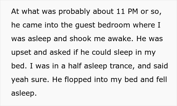 Text describing a 9-year-old scared bro asking to sleep in his sister's bed, capturing a family moment.