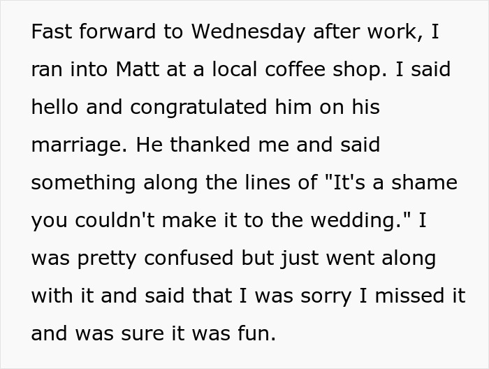 Text discussing a girlfriend catching her boyfriend in a small wedding lie that reveals his secret life.