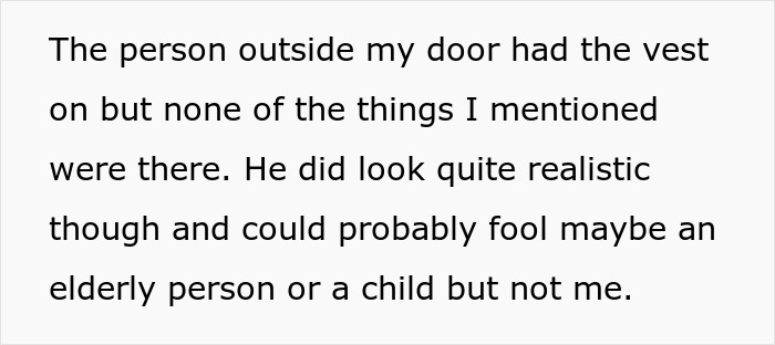 Text excerpt describing a realistic fake cop vest used in a homophobic MIL’s attempt to get son’s boyfriend arrested.