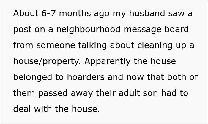 A block of text discussing a husband seeing a post about cleaning a house belonging to hoarders. Focus on house-hoarder-finances.