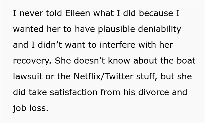 Text on a screen about Eileen not knowing details of her friend's revenge, after her husband married his mistress.