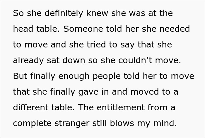 Text on a white background describes a wedding guest's entitlement when sitting at the main wedding table, stealing a place.