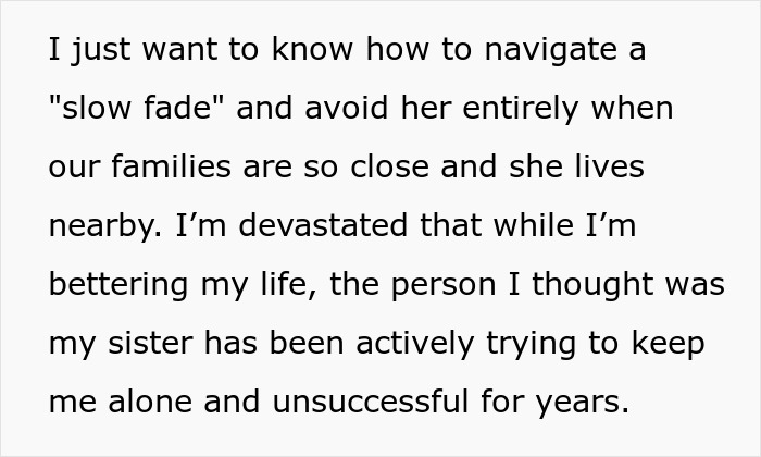 Text: A person asks how to navigate a slow fade from a toxic bestie who ruined their love life.