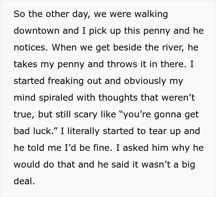Woman ends relationship feeling liberated after conflict over a penny during a walk by the river causing emotional distress.