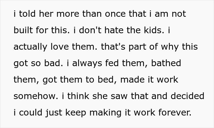 Text excerpt showing a man expressing love for his kids while explaining the challenges before changing locks and involving police.