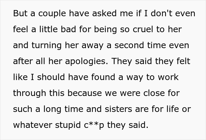 Text excerpt showing a personal conflict involving loyalty, apology, and betrayal between sisters and a baby daddy.