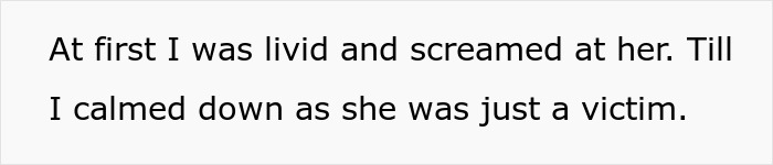 Text stating initial anger at a secret wife, followed by calming down, realizing she was a victim. woman find husband secret wife.